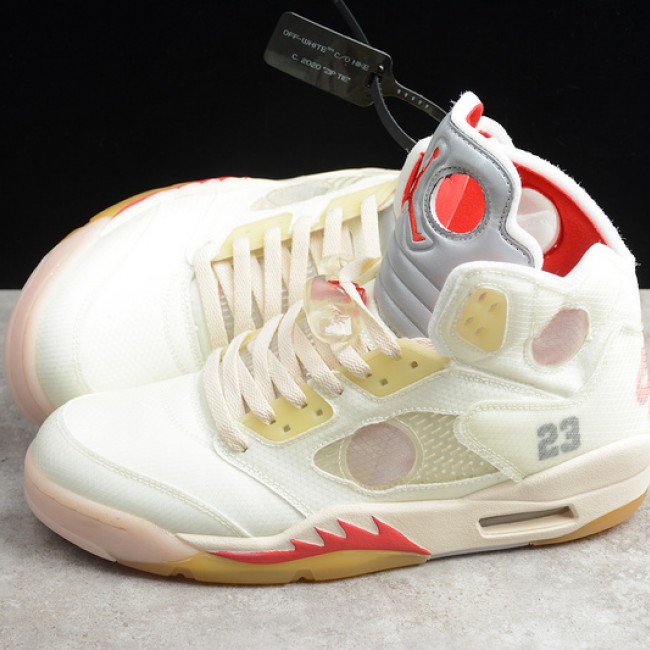 Close look GZ OW X AIR JORDAN 5 WHITE FIRE RED CT8480-002